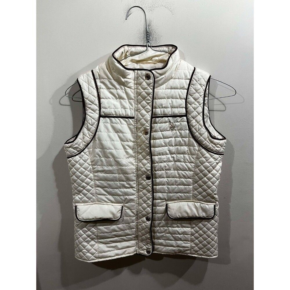 US Polo Assn Womens Size Small Cream Puffer Zip Up Button Vest Premium Athletic